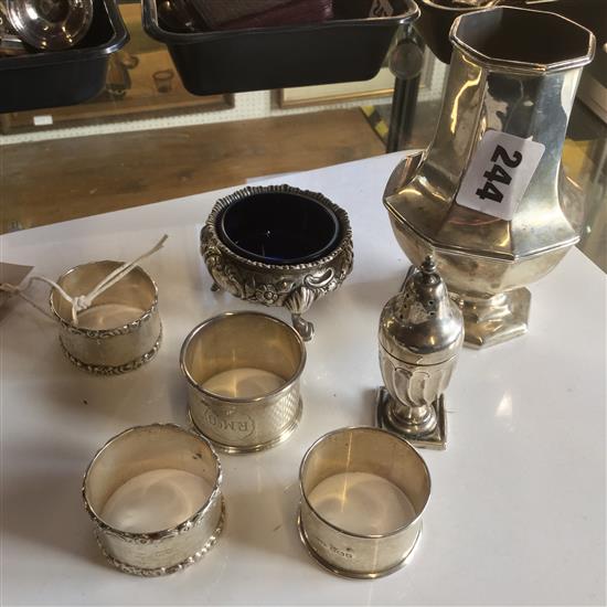 Silver pepperette, salt, 4 napkin rings and caster base